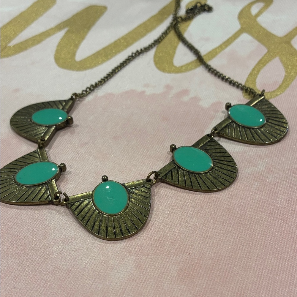 Turquoise Inlay Pieces Within Gold To Copper Carved Sections Statement Necklace